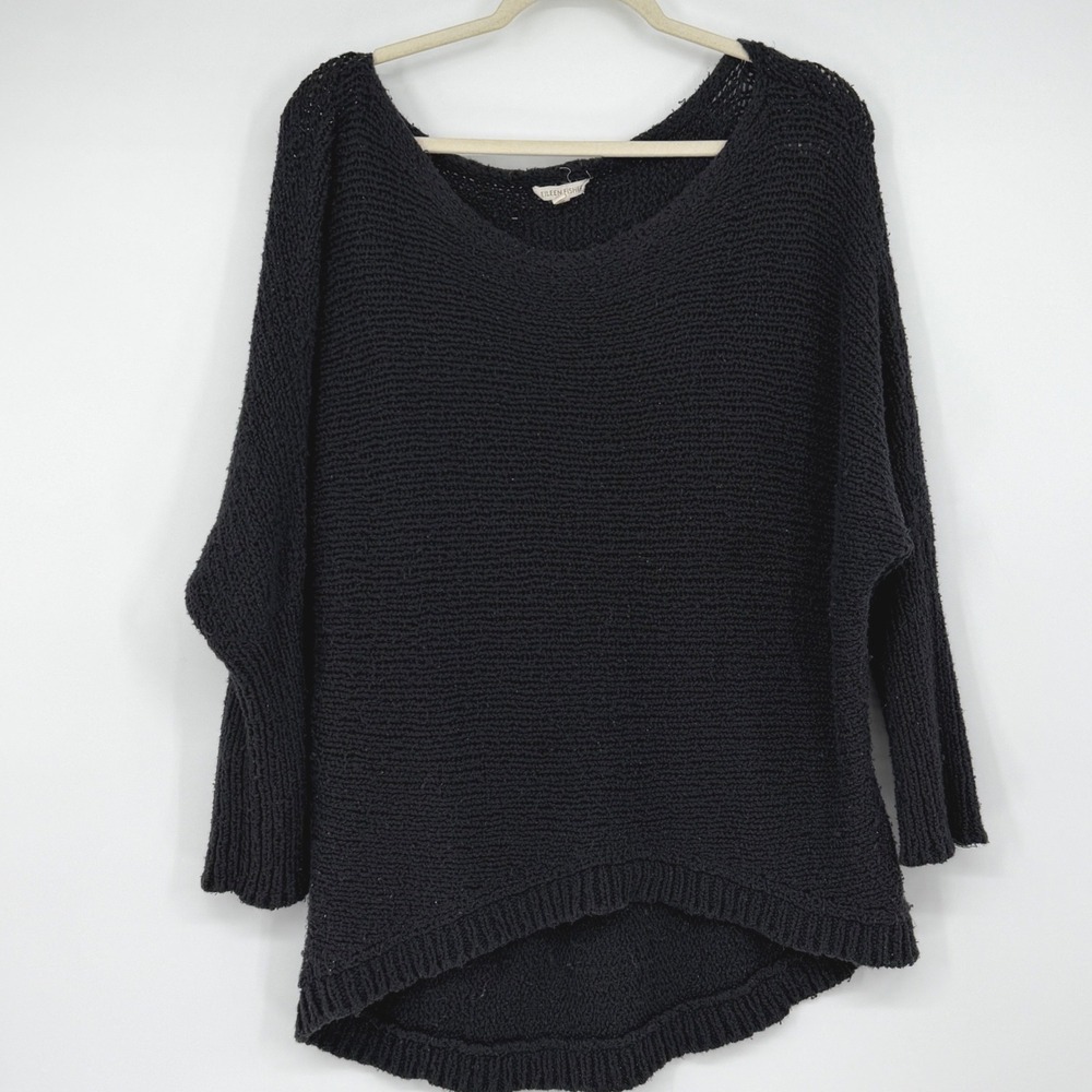 Eileen Fisher Black Organic Cotton Chunky Knit Sweater Small Dolman High Low